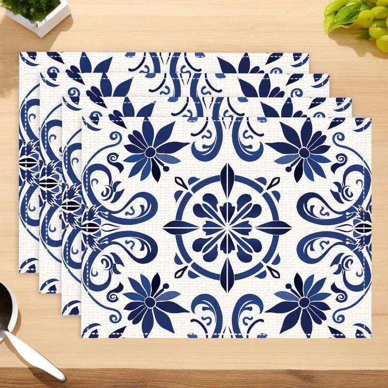 1 STuks 30x45cm Blauw En Wit Keramische Stijl Geometrisch Bohemien Placemat Tafelkleed Set Voor Koffiemok Kom En Borden Decoratie