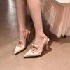 Fashion 2025 Spring New Pointed Toe Sexy Black High Heels Elegant Bow Thin Heel Rhinestone Sandals127