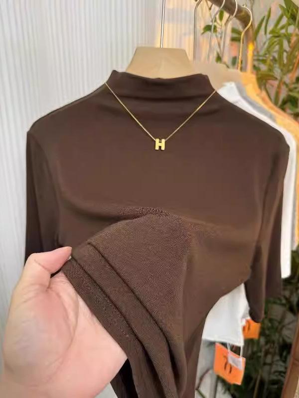 Women's Spring 2026 Red Mid-Sleeve High-Collar Slimming T-shirt – Fashionable Simple Solid Color Top