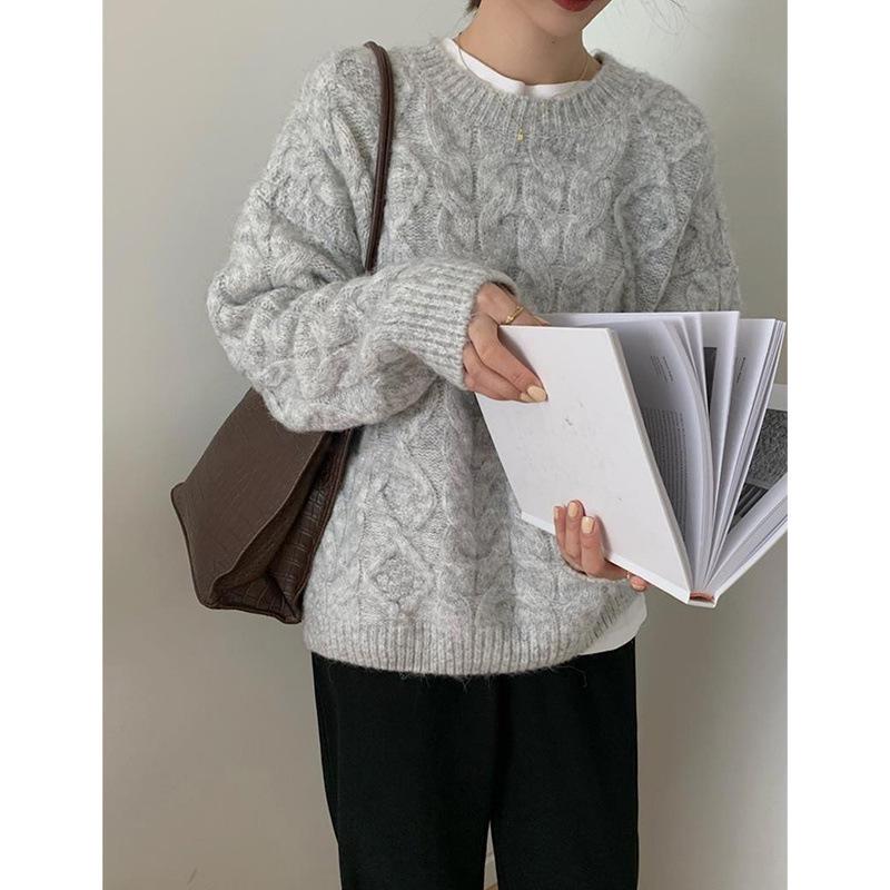 Women's 2024 Pink Cable Knit Pullover Sweater - Soft, Cozy Korean Style for Autumn/Winter, Loose Fit