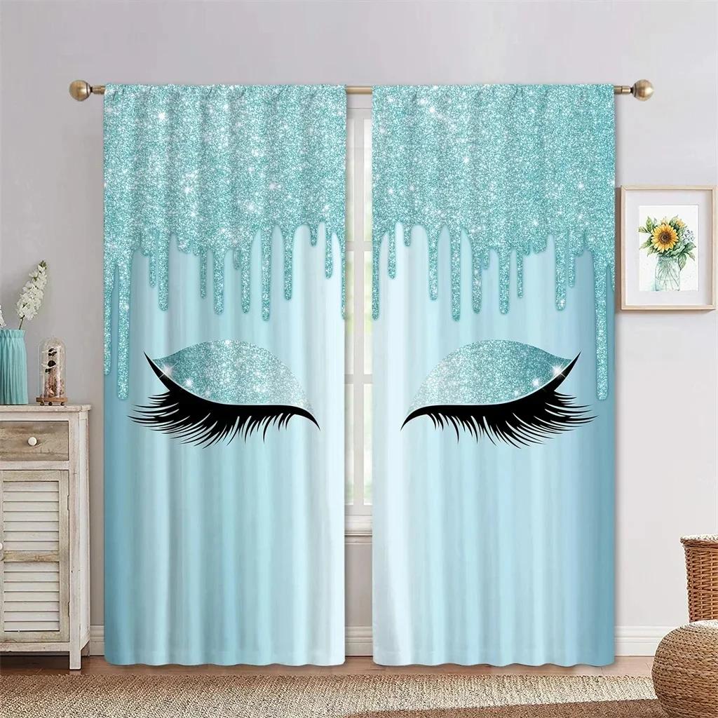 3D Pink Blue Yellow Eyelash Eyes Thin Shading Curtain for Living Room 2Pieces Kids Bedroom Children WindowsBathroom Decor Hooks for daily use