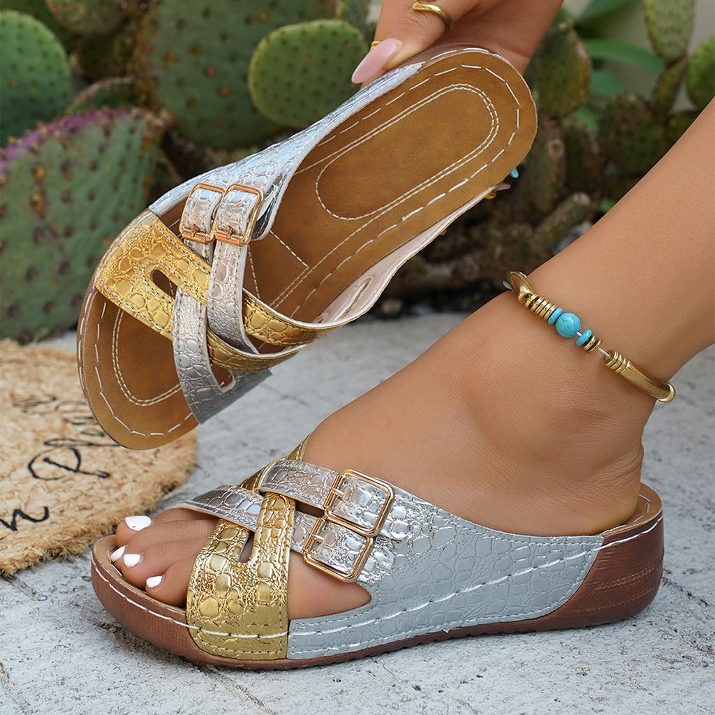 European and American large-size flat-bottomed belt buckle slippers New thick-bottomed slope heel fish mouth cool slippers in summer