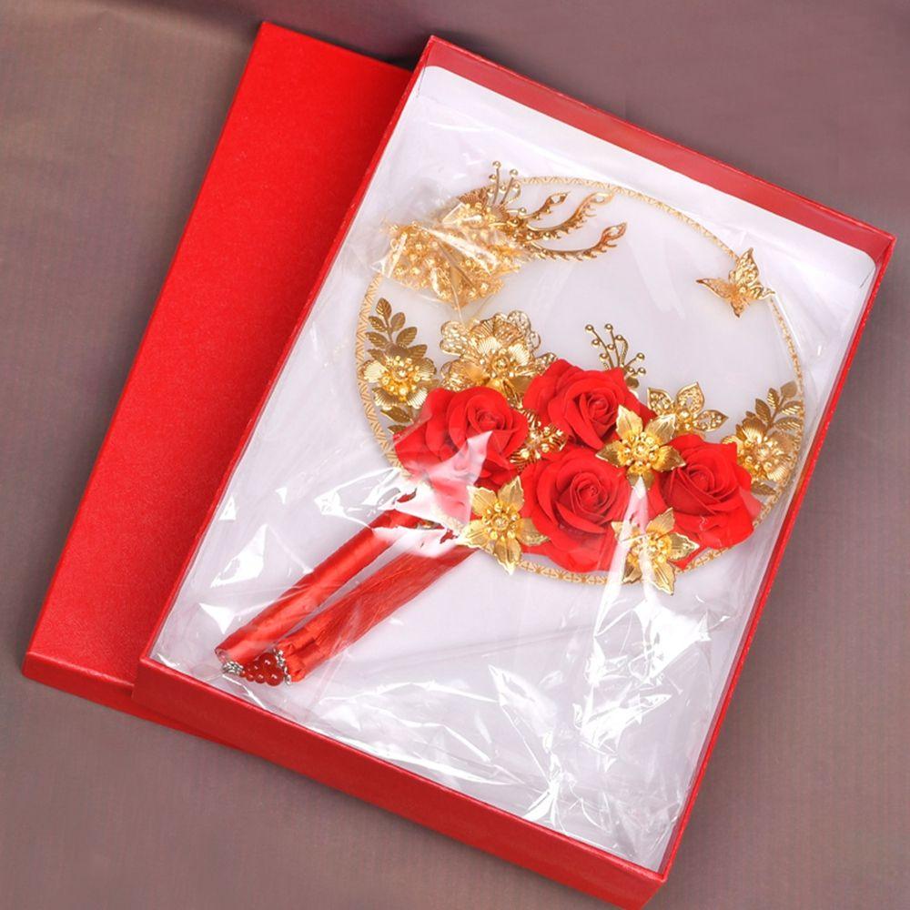 Vintage Decoration Prop For Bride Gold Red Bridesmaid Fan Bouquet Photography Ornaments Decor Craft