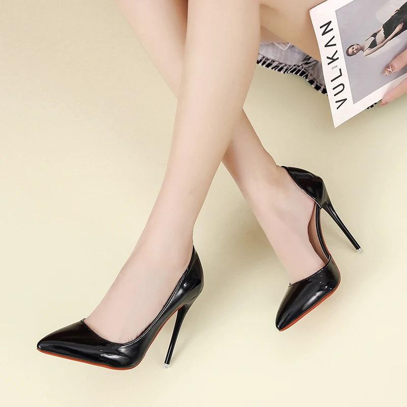Fashion Black Patent Leather Side air Pointed Toe Red Rubber Bottom Women High Heels Party Shoes Sexy Ladies Dress Stiletto Pumps 44 45