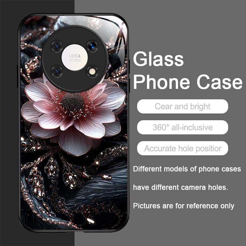 Vintage Floral Stylish Lotus Flower Tempered Glass Phone Case for Huawei Nova 13 12 SE 11 10 Pro Mate 40 30 P60 P50 P40 5G Cover