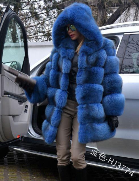 European and American new imitation fur coat imitation fox hair medium and long splicing long-sleeved fur women's coat with hat