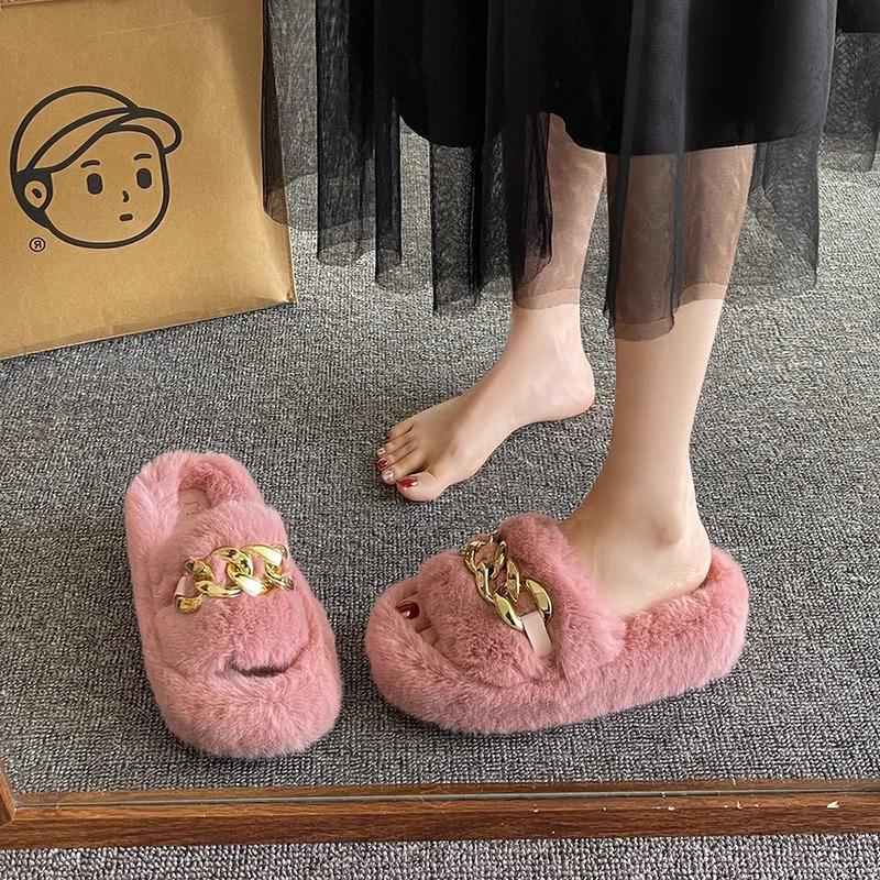 Height heel thick bottom fluffy slippers women wear autumn and winter cotton drag chain Internet celebrity popular plush slippers spring and summer