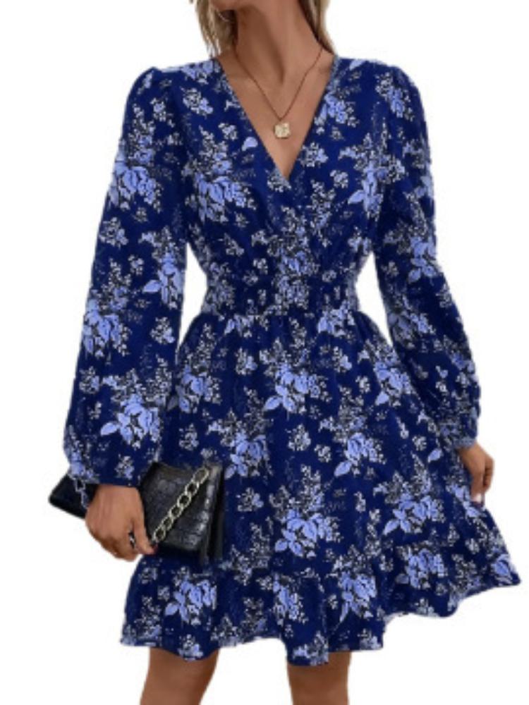 

Черное платье А-силуэта с V-образным вырезом, длинными рукавами, оборкой по низу и рукавами-буфами с цветочным принтом XXL синий