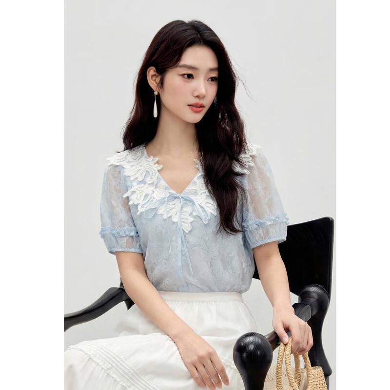 V-neck Contrast Lace Bow Tie Blouse XL