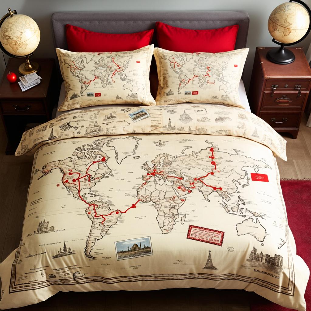 3Pcs Vintage Travel Christmas Bedding Set Polyester Adventure Map Print Duvet Cover Queen Size for Adult Bedroom Unique Retro Ho