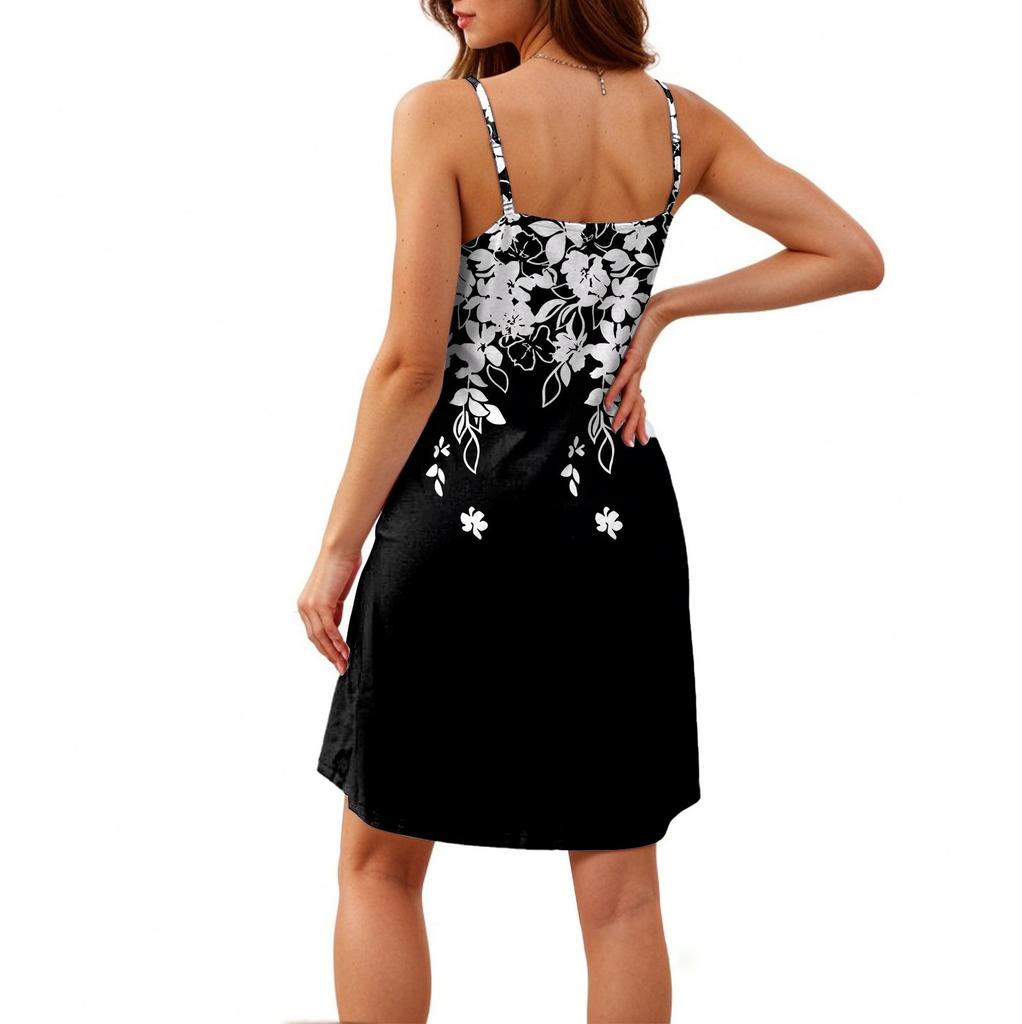 Fashion Women Summer Dress Vintage Floral Print Adjustable Spaghetti Straps Beach Vacation Casual Dress With Pockets