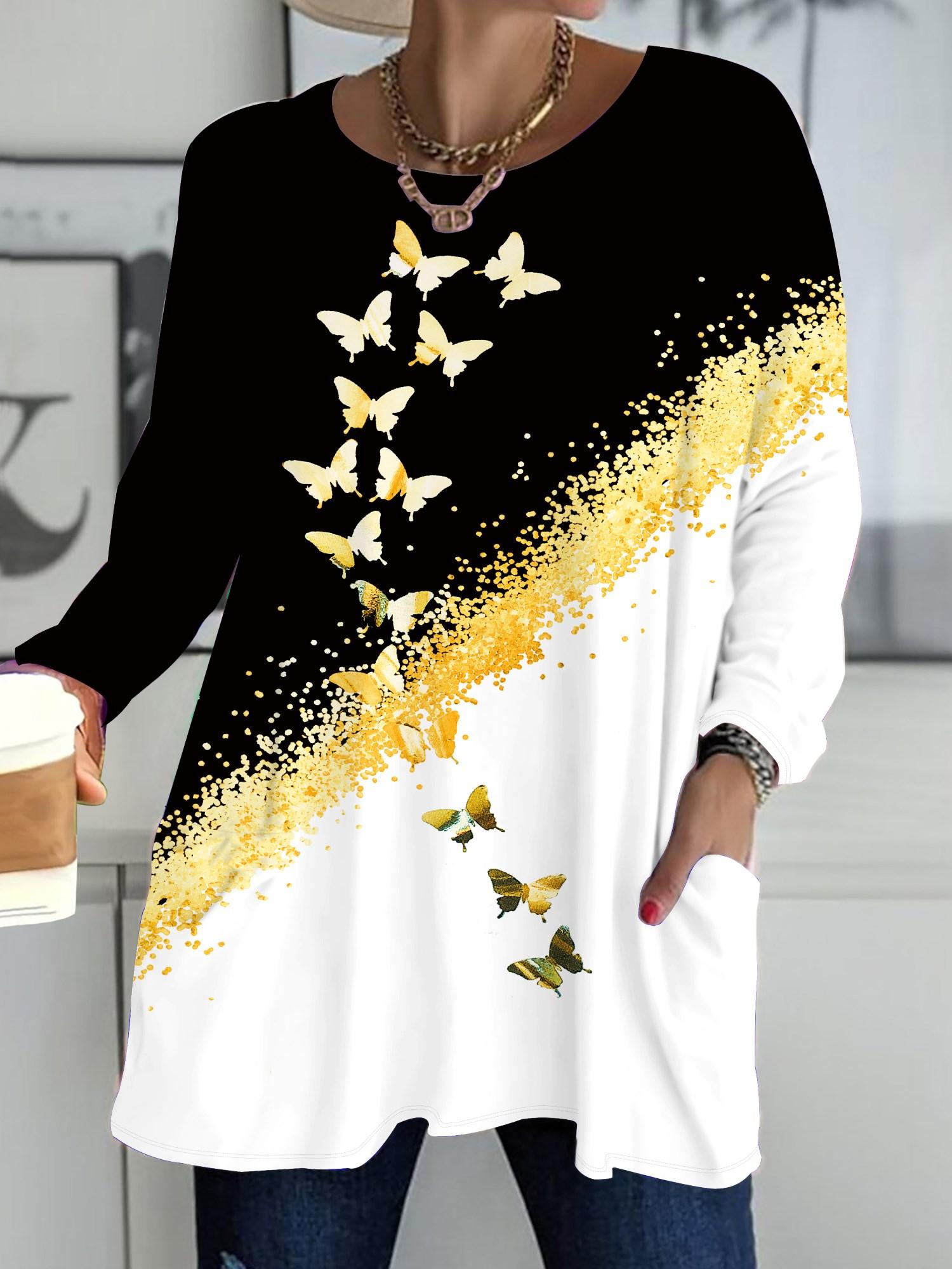 

Осень-Зима 2025 Новые Женские Топы Большого Размера, Модные Футболки с 3D-принтом Бабочек, с Круглым Вырезом и Длинным Рукавом 6XL золотой