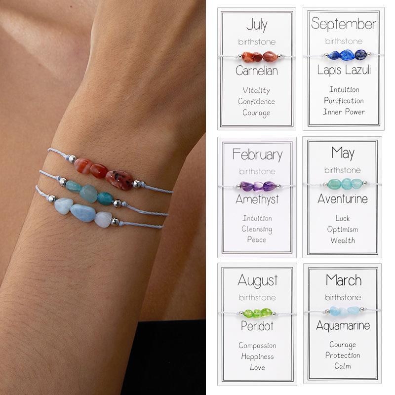 Handmade 12-Month Sign Natural Stone Crystal Birthstone Bracelet For Women And Men, Braided Adjustable Cord, Birthday Jewelry Gift.