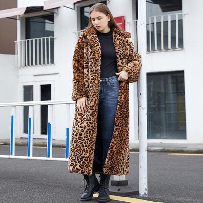 Faux Fur Leopard Print Rabbit Fur Extra Long Suit Collar Fur Coat