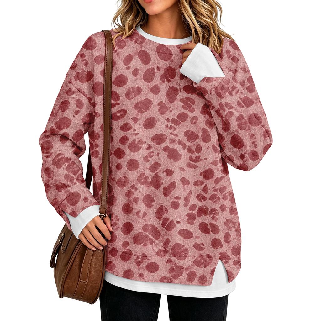 Women's Leopard Print Two Piece Long Sleeve Round Neck Casual Pullover Top