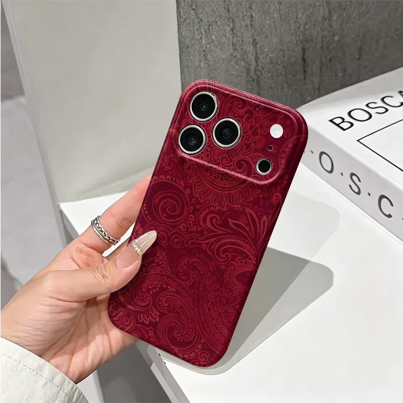Luxurious Red Paisley Intricate Swirl Pattern Art Graphic Film Aesthetic Protective Shockproof Bumper Phone Case Cover For iPhone 14 15 16 ProMax Plus