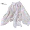 Women Sun Protection Shirt Lapel 3/4 Sleeve Rainbow Bright Color Shirt Single Breasted Bow Tie Style Top Thin Chiffon Shirt