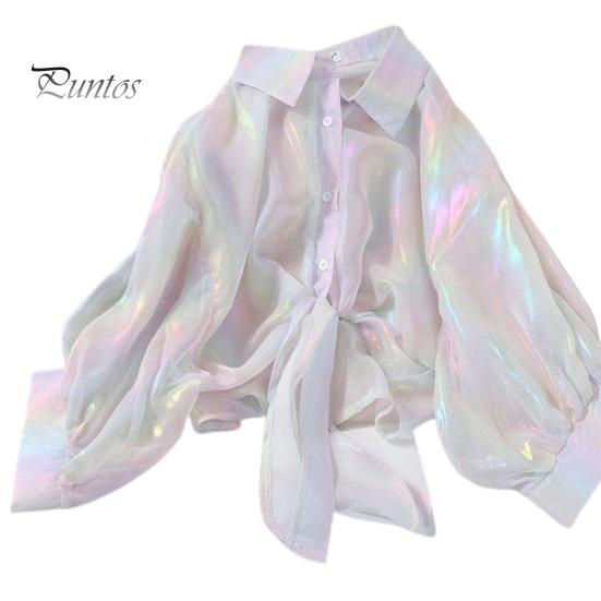 Women Sun Protection Shirt Lapel 3/4 Sleeve Rainbow Bright Color Shirt Single Breasted Bow Tie Style Top Thin Chiffon Shirt