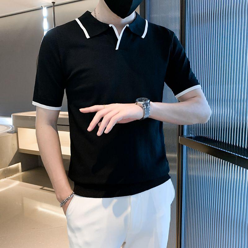 2024 Summer Fashion Knitted Non Ironing Polo Shirt Short Sleeved Luxury Business Combination Color Contrast Versatile T-shirt