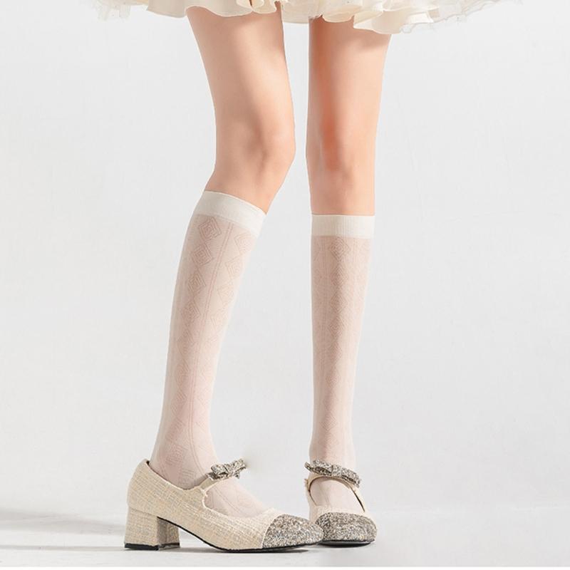 Summer Thin Silk Solid Over the Calf Socks for Womens Japanese Style JK Diamond Striped Pattern Student Long Stockings