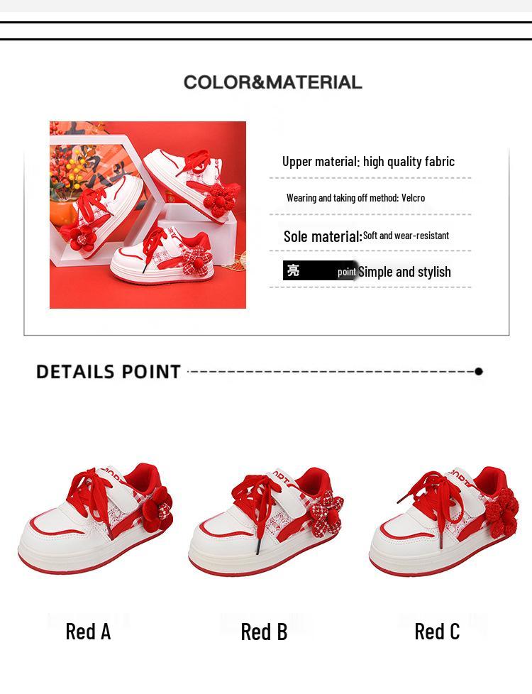 2025 Winter Girls' Red Non-Slip Sports Shoes - Versatile, Casual Board Shoes for Medium and Large Children