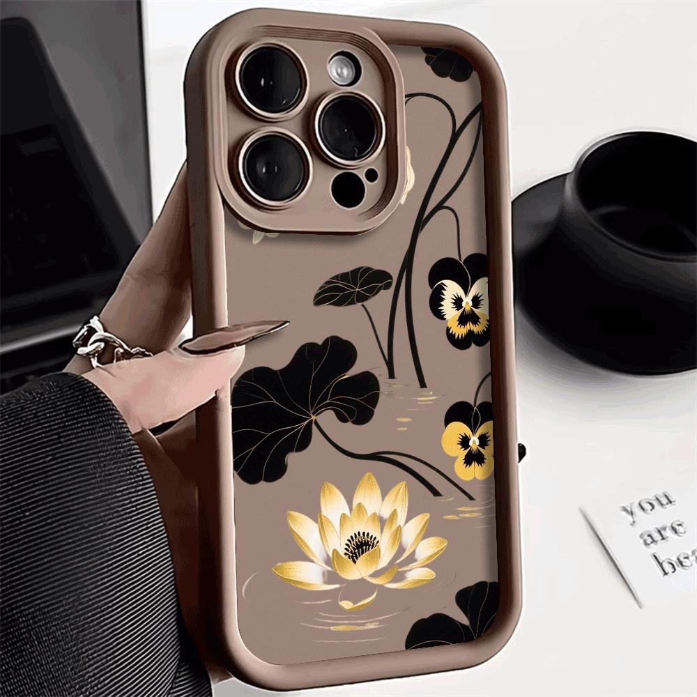 Golden Lotus & Black Lily Pads Phone Case for Xiaomi Redmi Note 14 13 12 11 10 9 8 7 Pro Shockproof Anti-Slip Soft TPU Cover