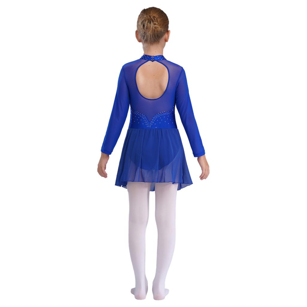 Girls Shiny Rhinestone Dance Leotard Sheer Mesh Long Sleeves Keyhole Back Opening Figure Ice Skating Ballet Dress