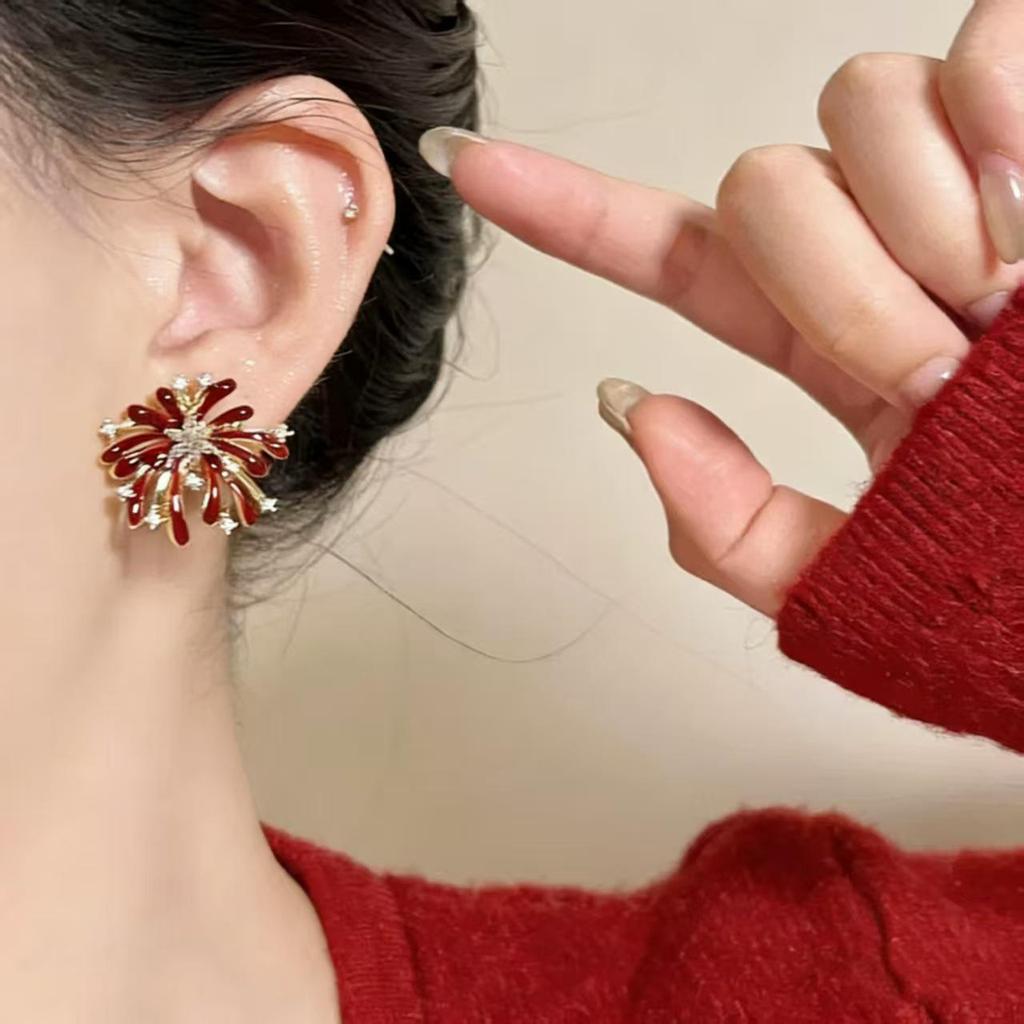 2026 Best-Selling New Year Red Zirconia Firework Stud Earrings for Women – Unique, Beautiful Niche Ear Clips