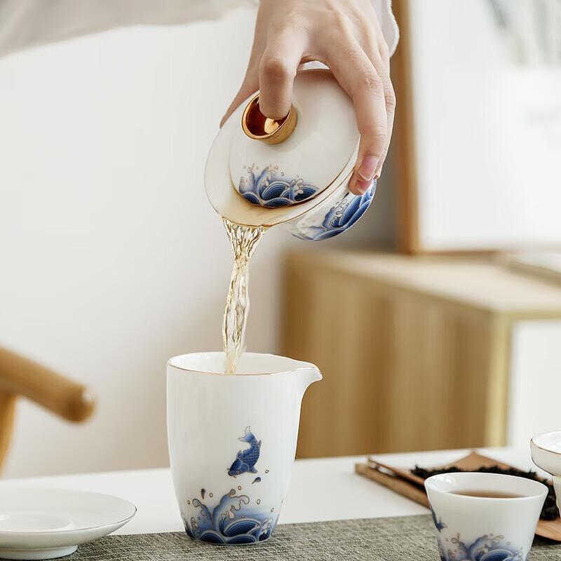 CHANGSHEGNYUAN Mutton-fat Jade White Porcelain Koi Tea Set