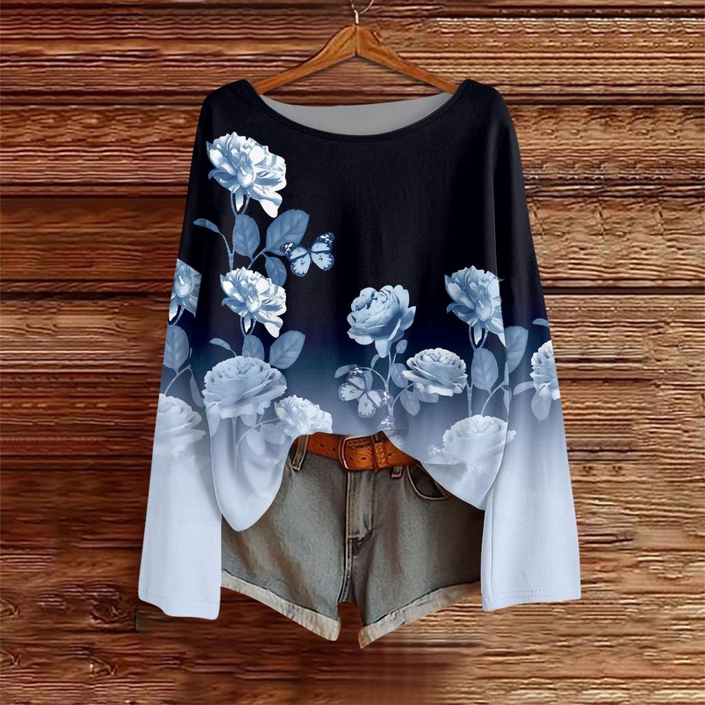 Long Sleeve Shirts For Women Print Graphic Tees Blouses Casual Plus Size Basic Tops Pullover