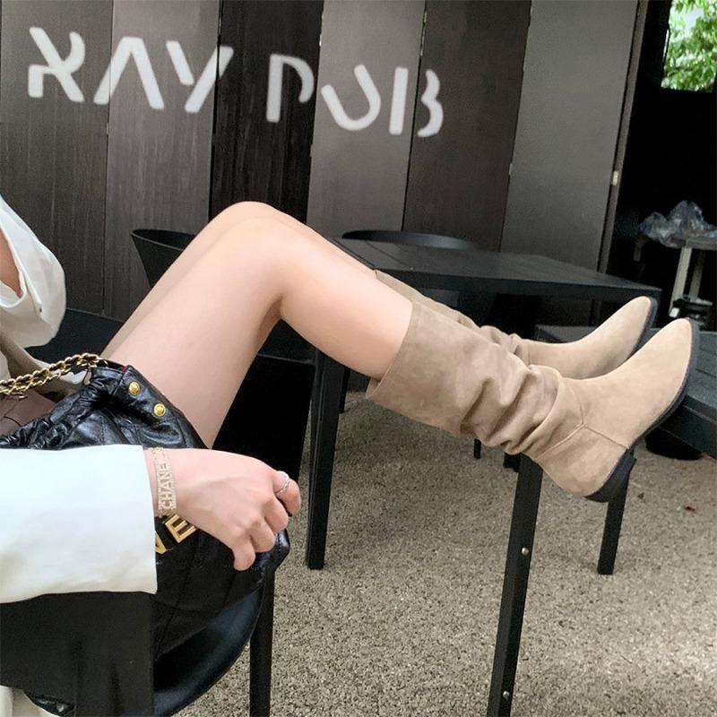 Cowhide version retro pointed head thick heel western cowboy boots women's medium tube thin boots pleated thin knight boots