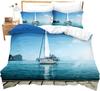 Nautical Comforter Set Blue Ocean Duvet Cover Set, Ship Boat Pattern On Beach,Sailing Ship Anchor Decor Corner Ties Wave Pattern
