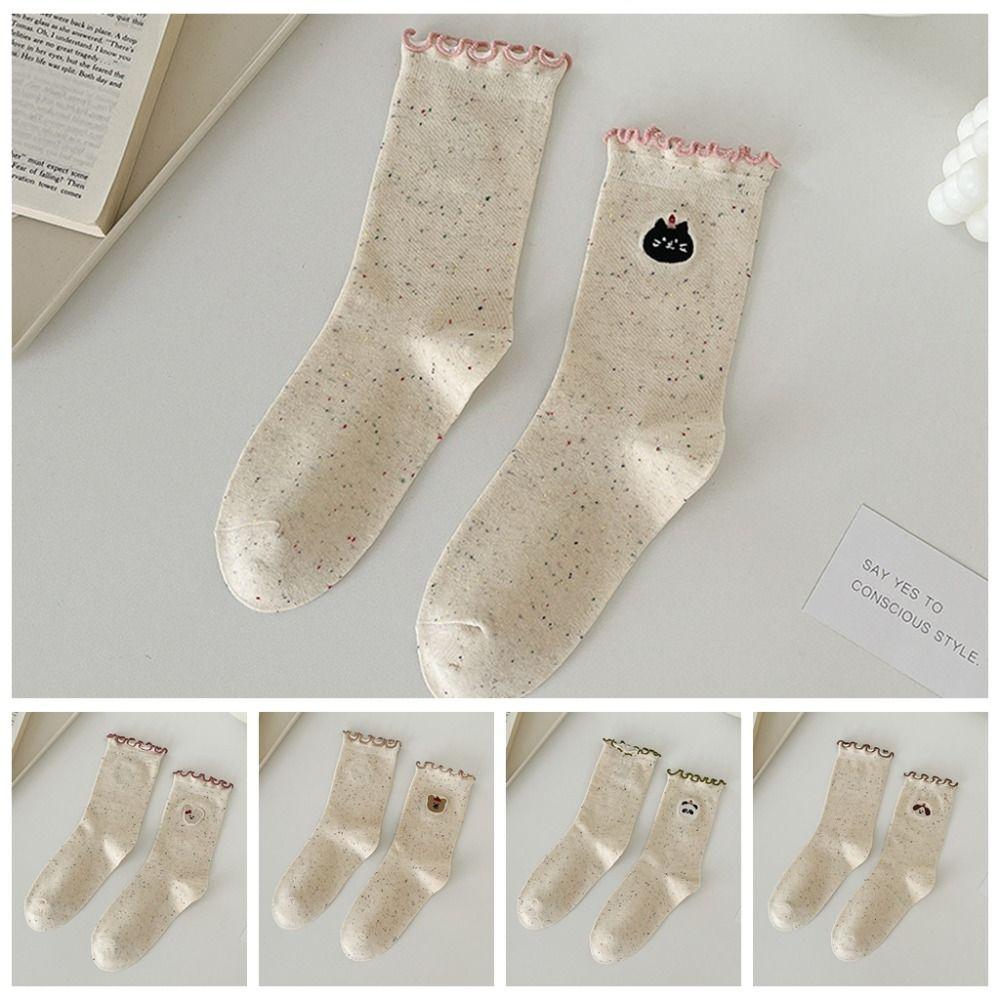 5Pairs Embroidery Ruffled Socks Women Cat Mid-calf Cotton Socks Sweet Bowknot Sock  Students