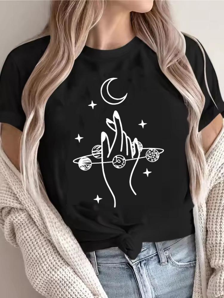 Vintage Moon  Hand Print Crew Neck TShirt Casual Short Sleeve TShirt for Spring Summer Womens Clothing