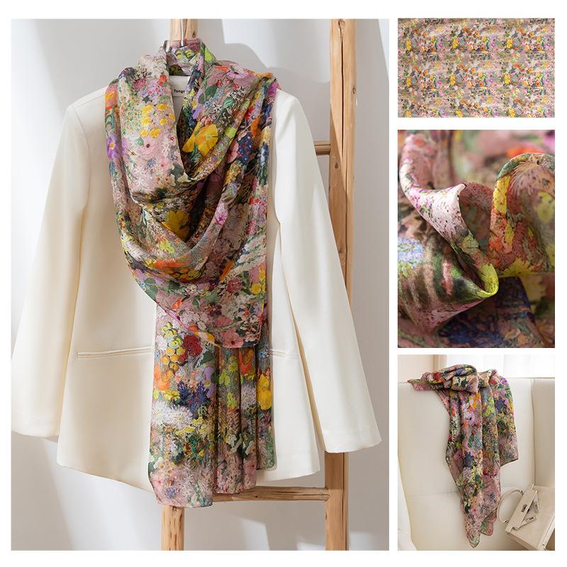 Long Strips of Silk Scarf  High-end Sense Mulberry Silk Scarf  Women's Fresh Small Floral Thin Style  Atmosphere  Big Shawl