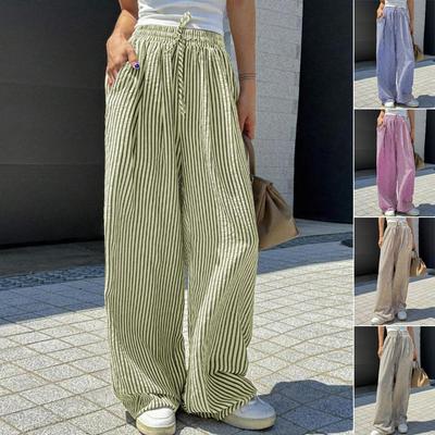 Women's Striped Drawstring Waist Wide Leg Pants Casual Loose Trousers