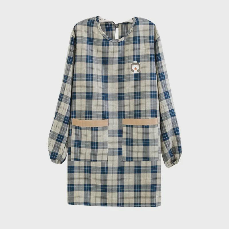 Fartuch kuchenny w kratę w stylu japońskim z misiem, wodoodporny, odporny na zabrudzenia – dwustronny kombinezon do gotowania