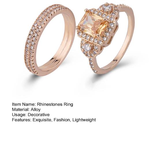 2Pcs/Set Ladies Rings Shiny Faux Crystal Rose Golden Alloy Ring Elegant Jewelry Accessories Fashion Micro-Inlaid Square Rhinestones Rings Engagement