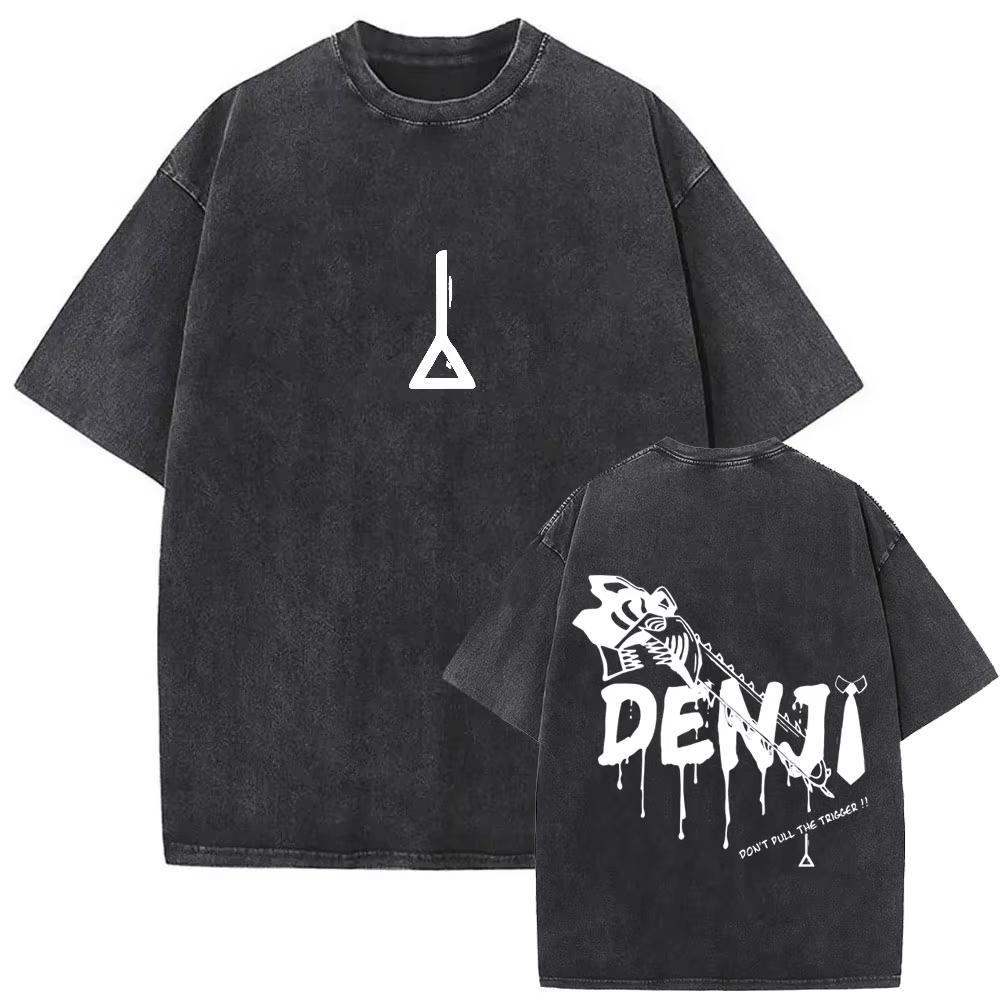 Anime Chainsaw Man Retro Gewaschenes T-Shirt Lustiges Cartoon Denji Pochita Grafik-T-Shirt Herren Damen Mode Vintage Lässige T-Shirts