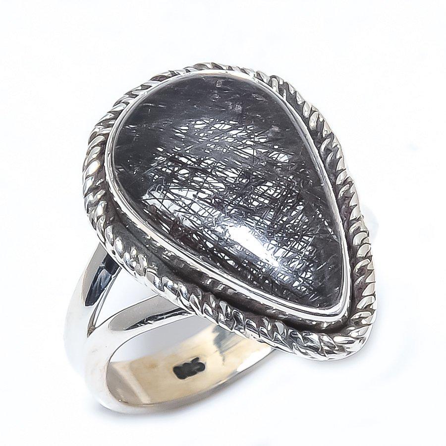 Natural Black Rutile Gemstone Handmade 925 Sterling Silver Jewelry Ring S.8 h1e49