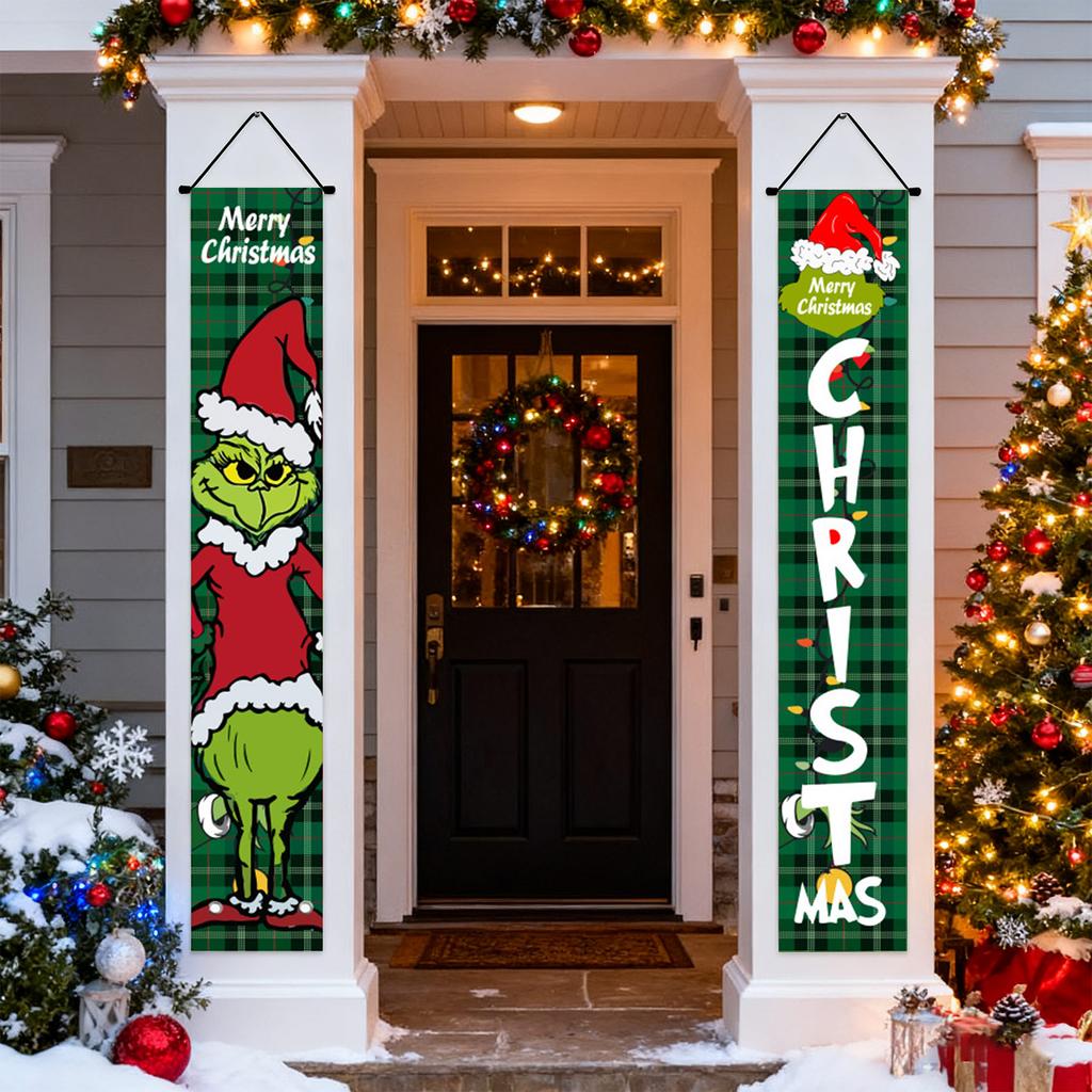 New Arrival! 30*180cm Christmas GreenGhost Couplets - Polyester,Durable& Eye-catching Design for Home & Cafe Decoration.