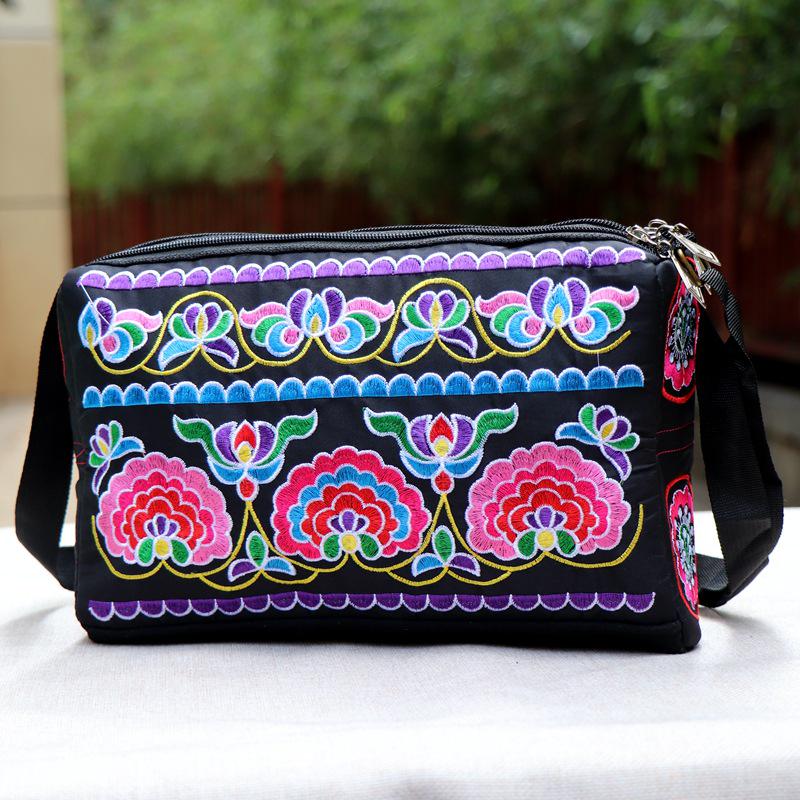 Yunnan Ethnic Embroidered One-Shoulder Crossbody Bag with Three Zippers - Large Size for Ladies