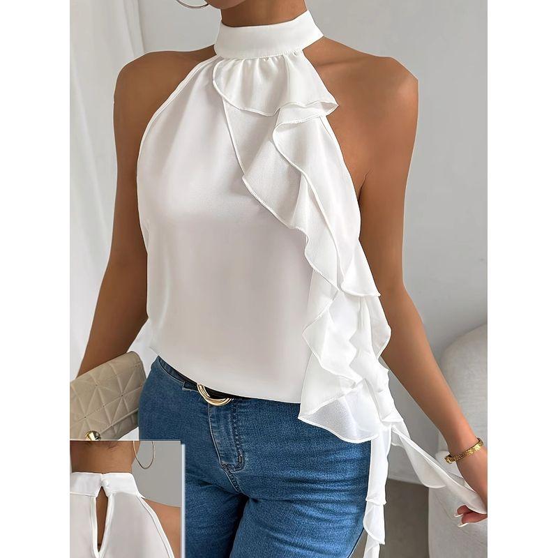 

European and American 2025 Spring/Summer Female Backless Niche Hanging Neck Sleeve Vest Shirts Top White S