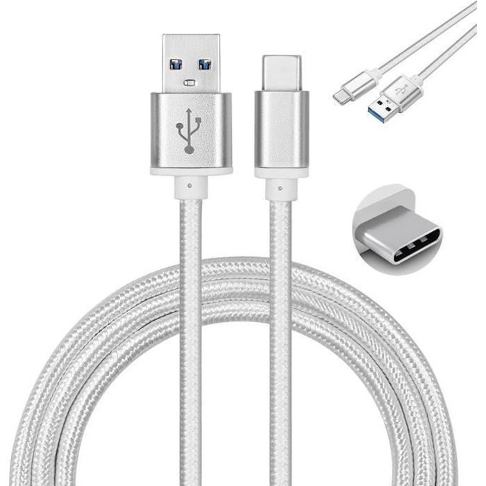 Lot de 10 cable usb type c nylon chargeur rapide pour oppo a9 2020 6.5" couleur argent, 1 mètre - marque yuan yuan