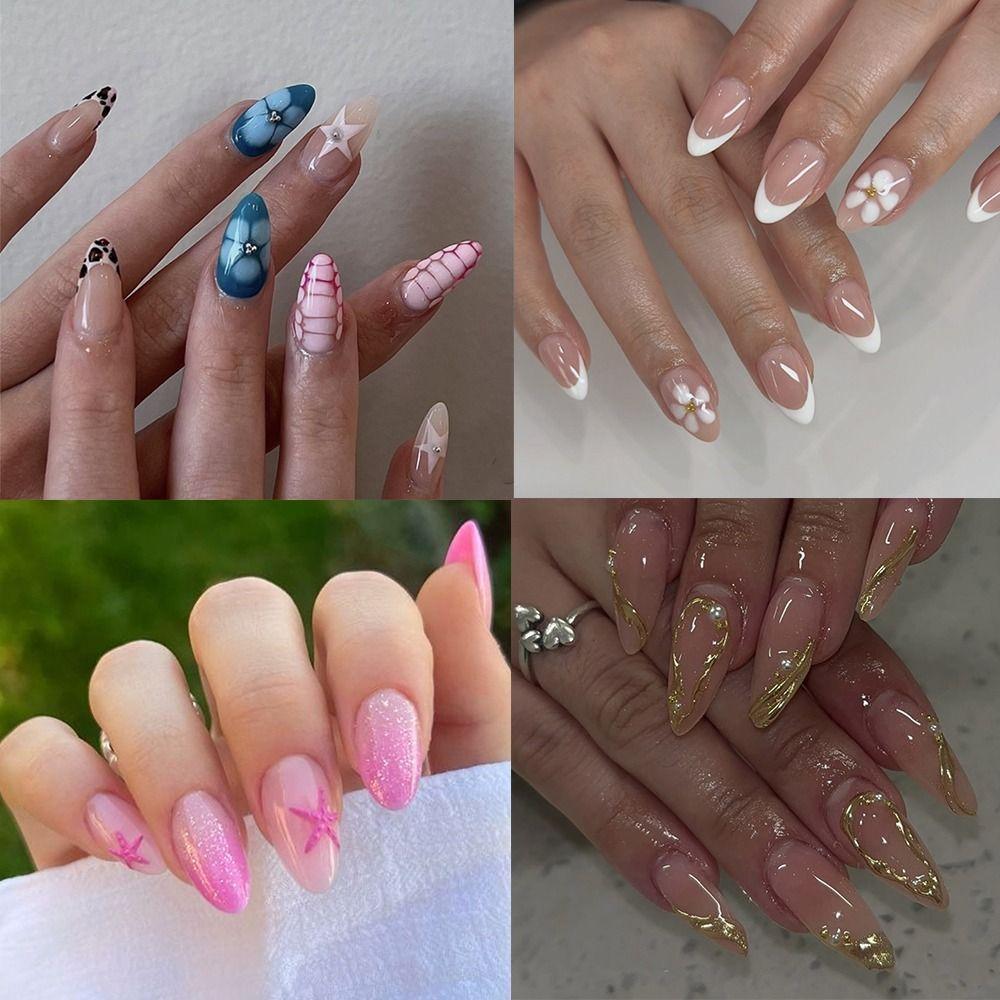 24pcs Long Almond False Nails French Rose Re Crocodile Pattern Press On Nails Irregular Gold Foil Simple White Flowers
