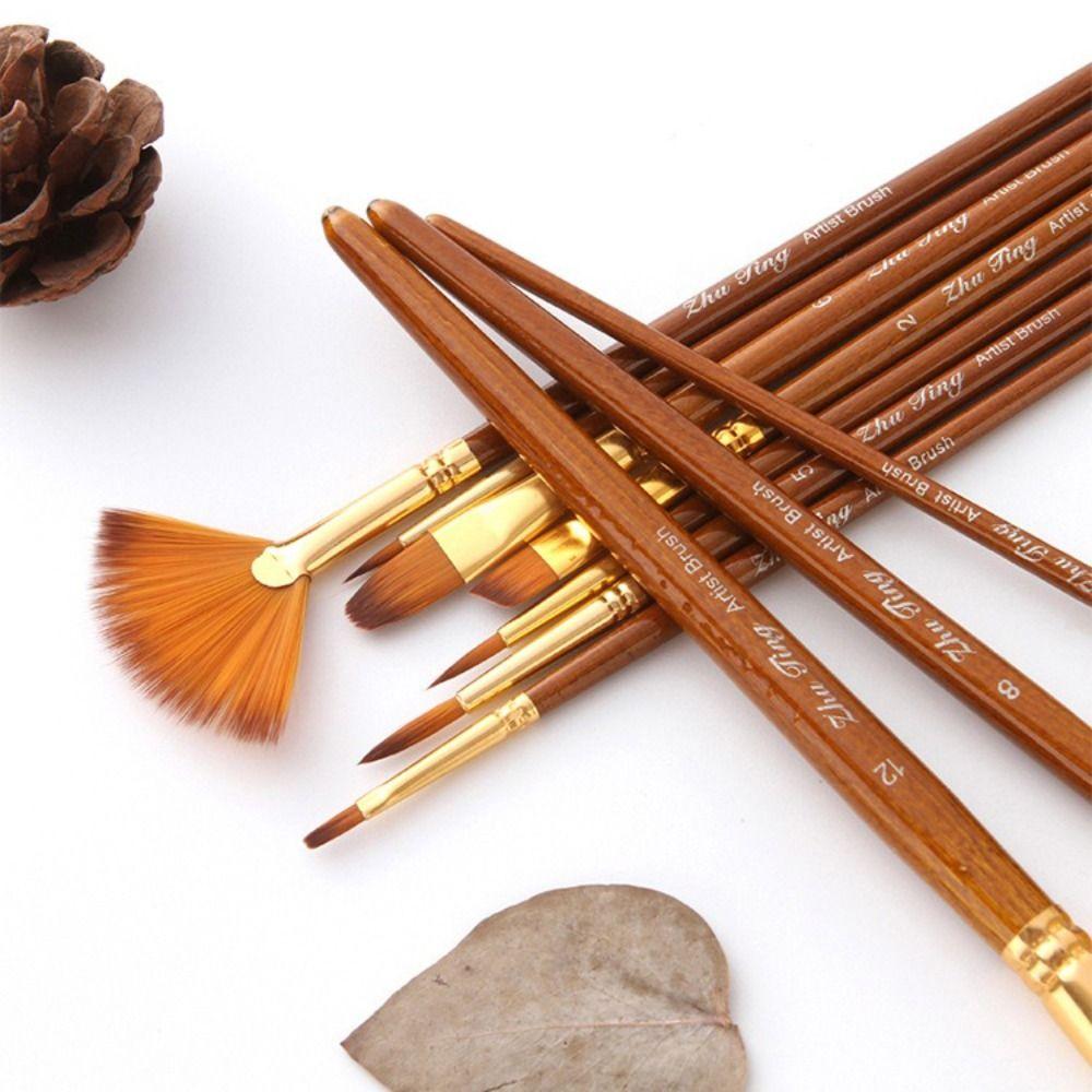 10Pcs/Set Round Flat Angle Artist Paint Brushes Set Wooden Pole Drawing Art Brush  Gift