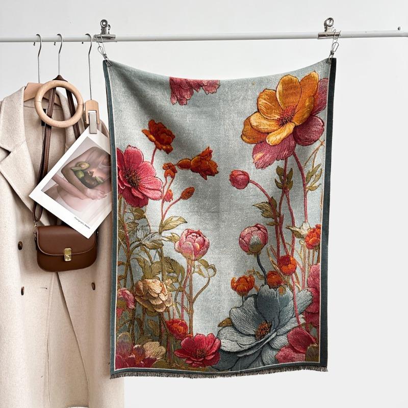 New retro oil painting scarf women's high-end sense autumn imitation cashmere jacquard warm scarf women give mother shawl