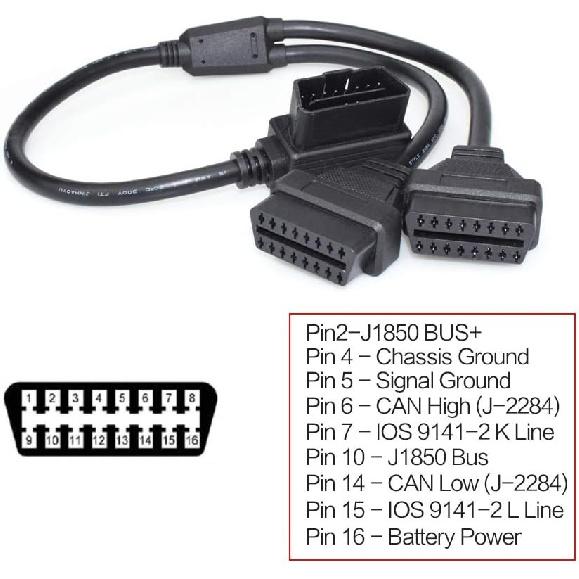 16 Pin OBD2 OBDII Diagnostic Extender Splitter 16 Pin Y Cable - 50CM