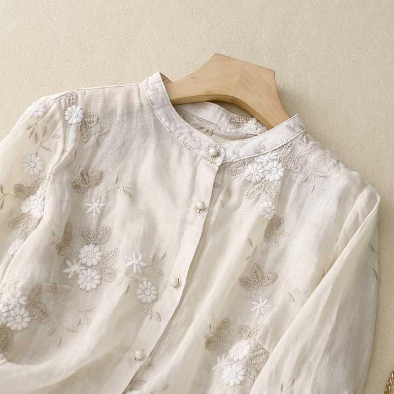 Women Floral Embroidery Stand Collar Three Quarter Sleeve Blouse