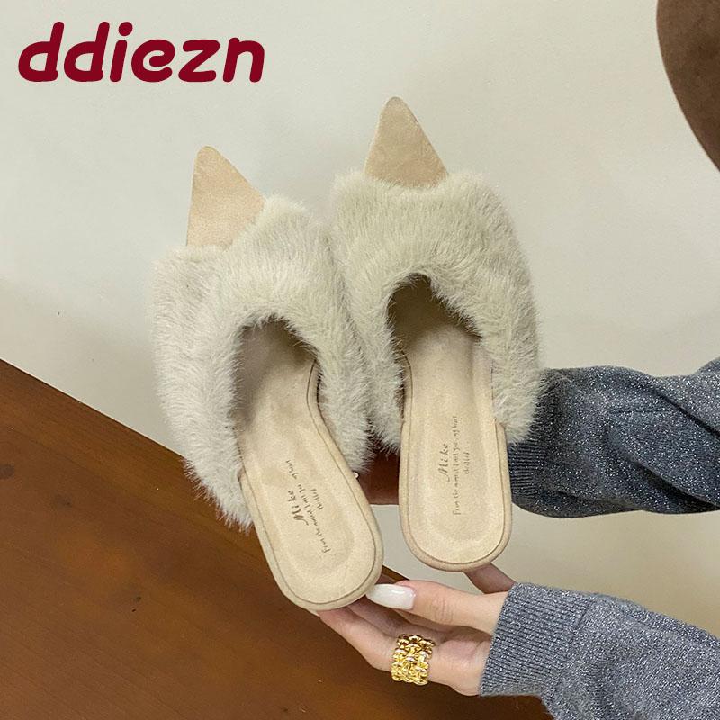 Fashion Ladies Pumps Slides Wedges Shoes Female High Heels Footwear Pointed Toe Fashion Fur Warm Women Wedges Heeled Shoes